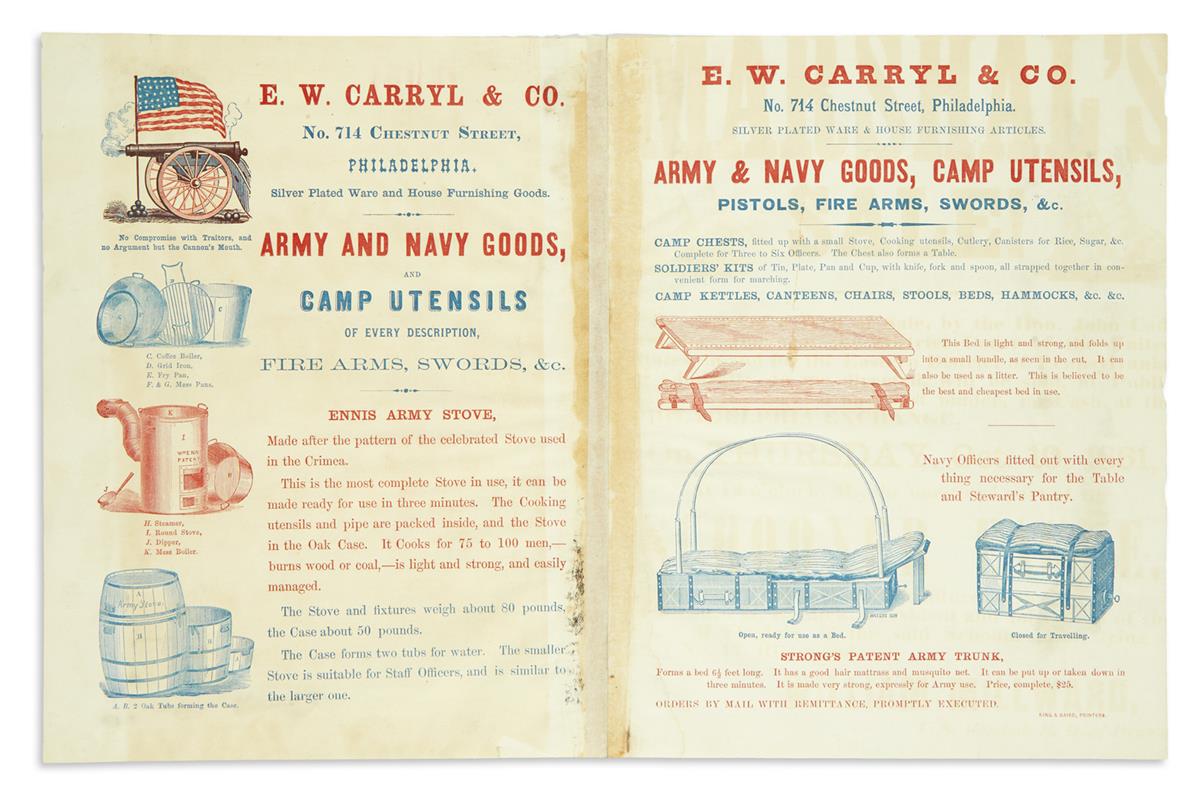 (CIVIL WAR--BROADSIDES.) E.W. Carryl & Co. Circular for army and navy goods, and camp utensils.